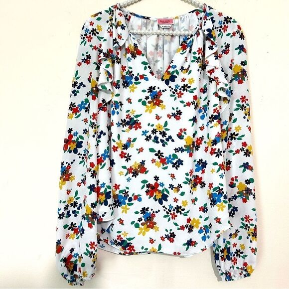 Kate Spade Floral Print White Blouson Sleeve Top SIZE MEDIUM - Picture 2 of 6